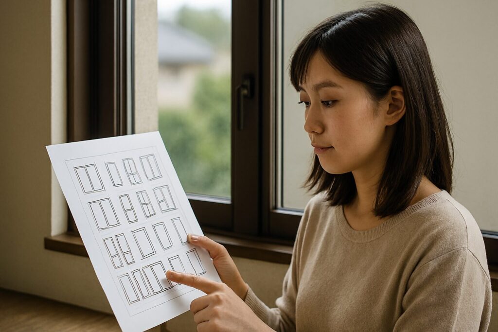 日本人女性が窓サイズ表の要点を確認する様子