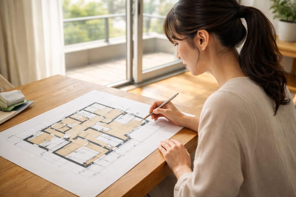 平面図の窓表記を読む日本人女性