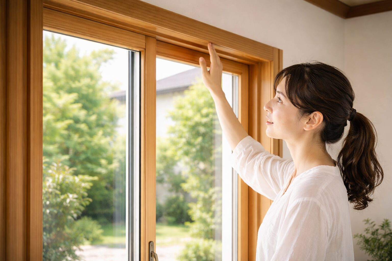 日本人女性が木製建具の枠名称を見比べる様子