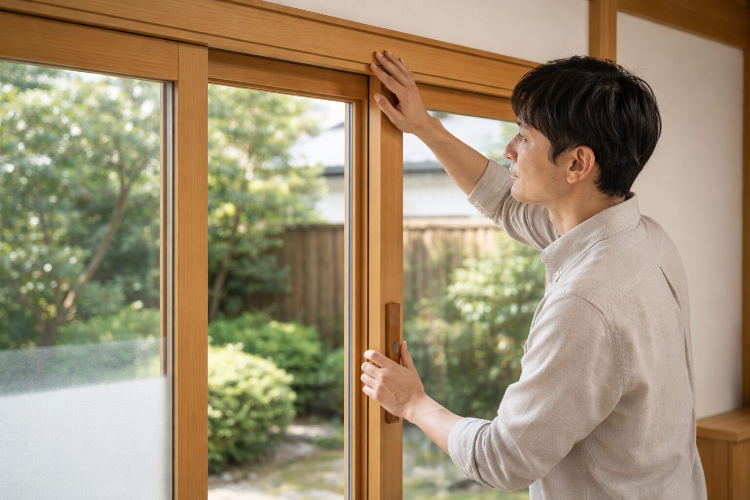 日本人男性が木製建具の部位を確認