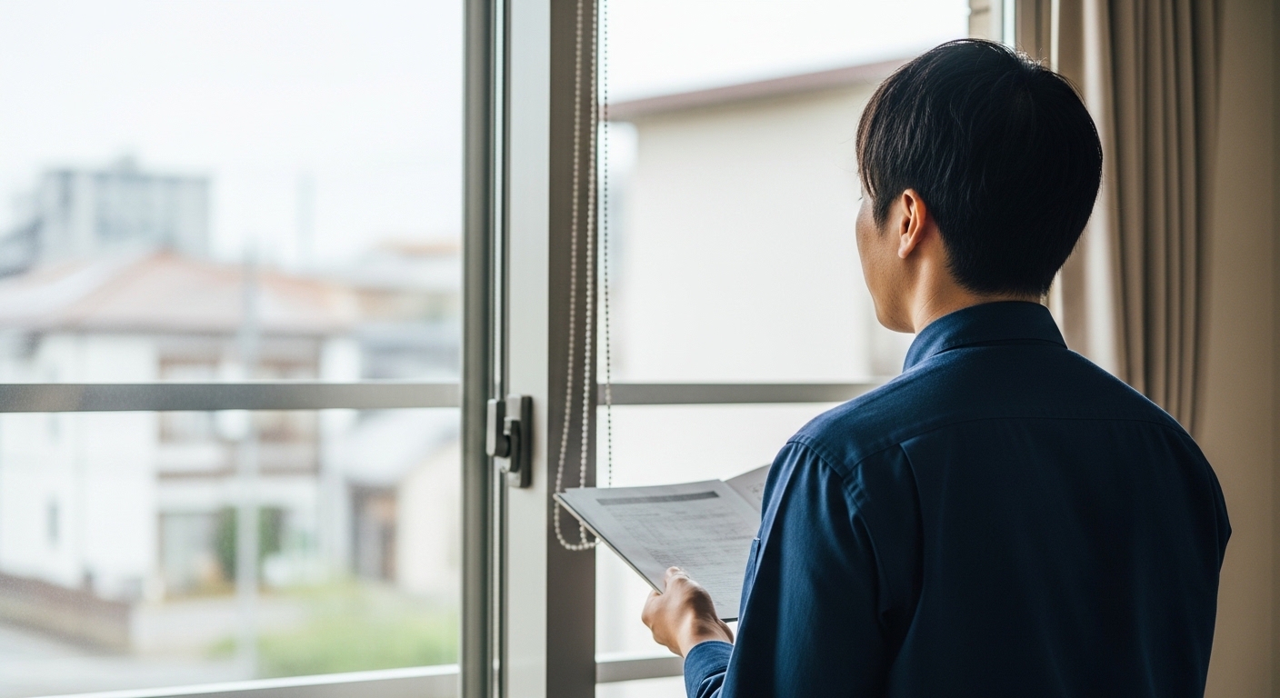 連子格子を前に立つ日本人男性