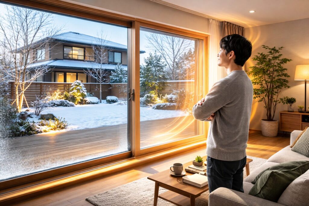 住友林業の断熱住宅にいる日本人男性