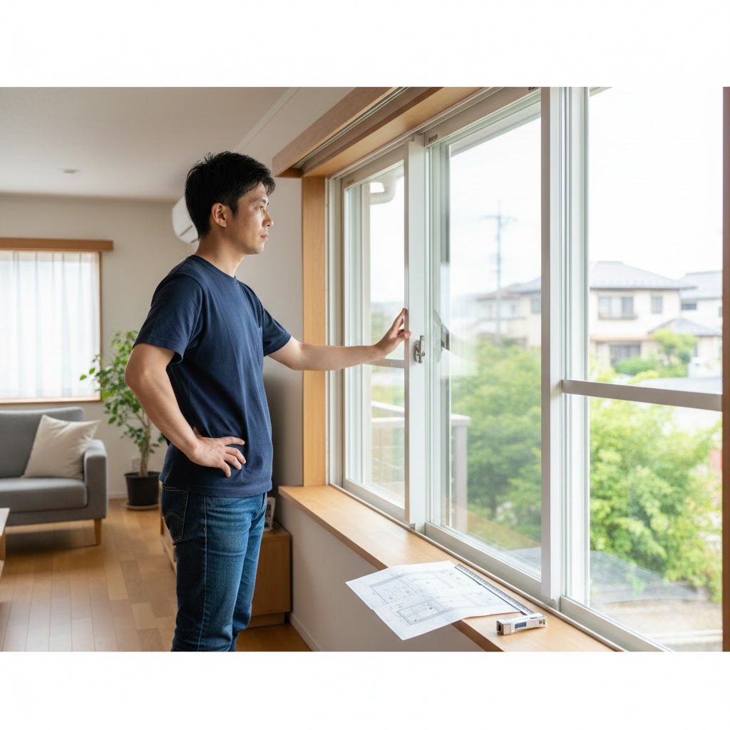 日本人男性が窓サイズの見方を確認