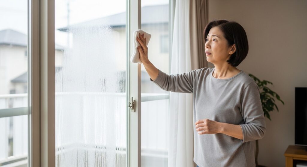 ルーバー窓の寒さ対策DIYをする日本人女性