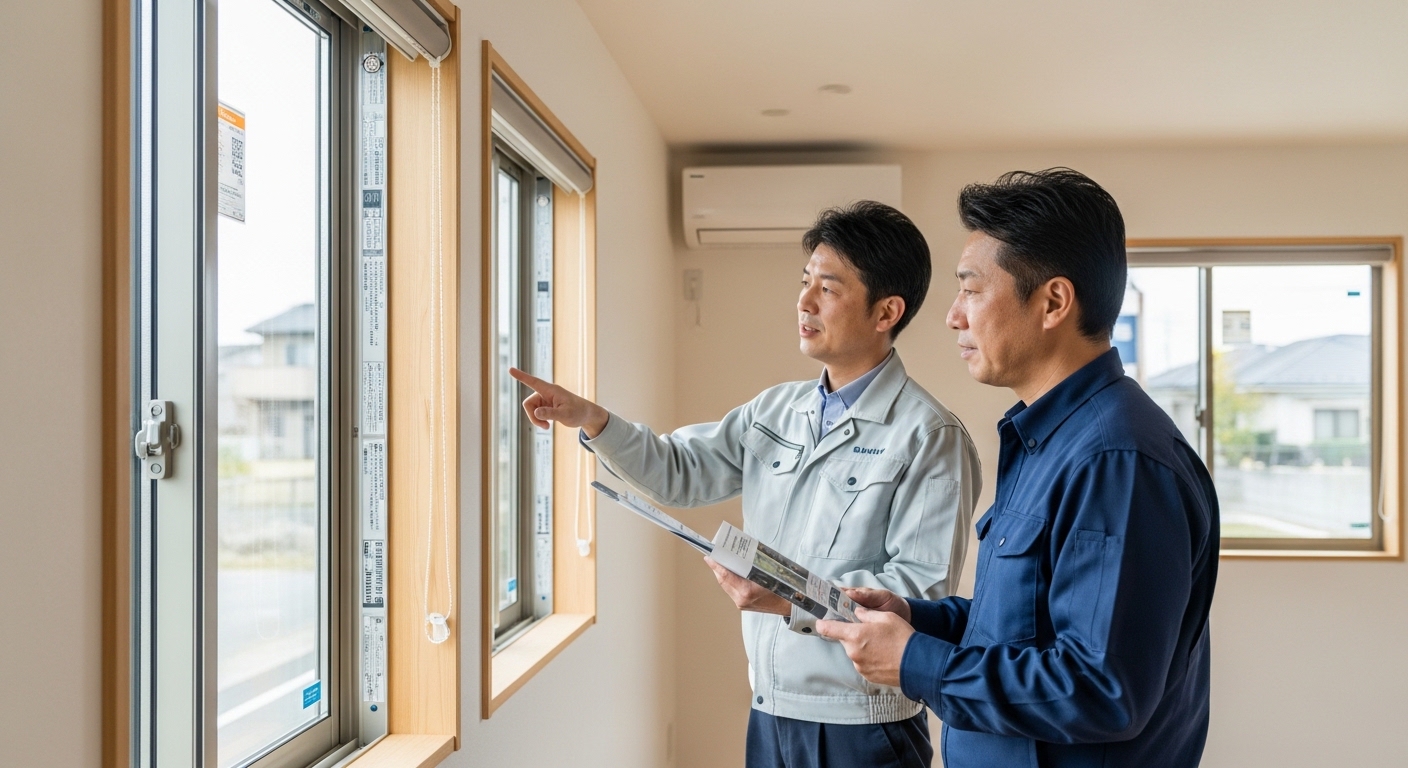 窓の断熱性を確認する日本人男性