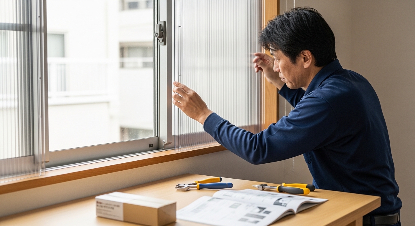 日本人男性が中空ポリカで内窓DIY作業