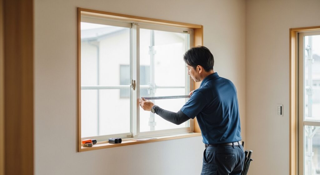 窓寸法を確認する日本人男性とサイズ例
