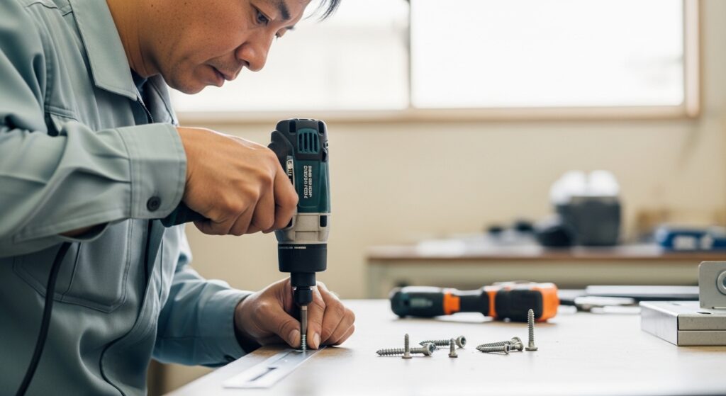 日本人男性が薄鉄板にビス止めする様子