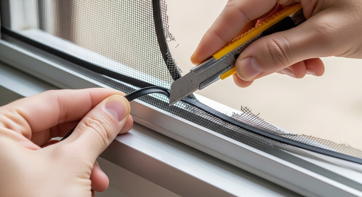 日本人男性が網戸張り替え作業を行う様子