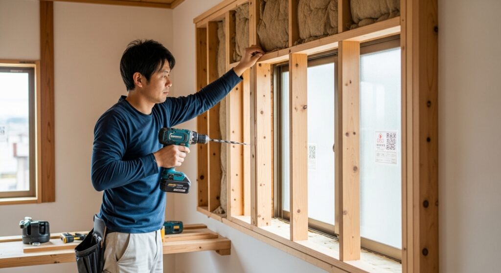 日本人男性が窓を壁にするDIY作業