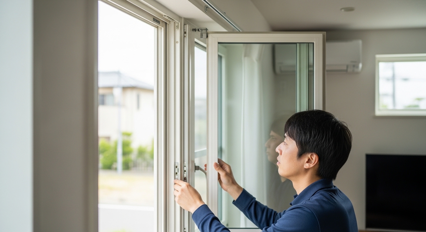 内窓の断熱効果を確認する日本人男性