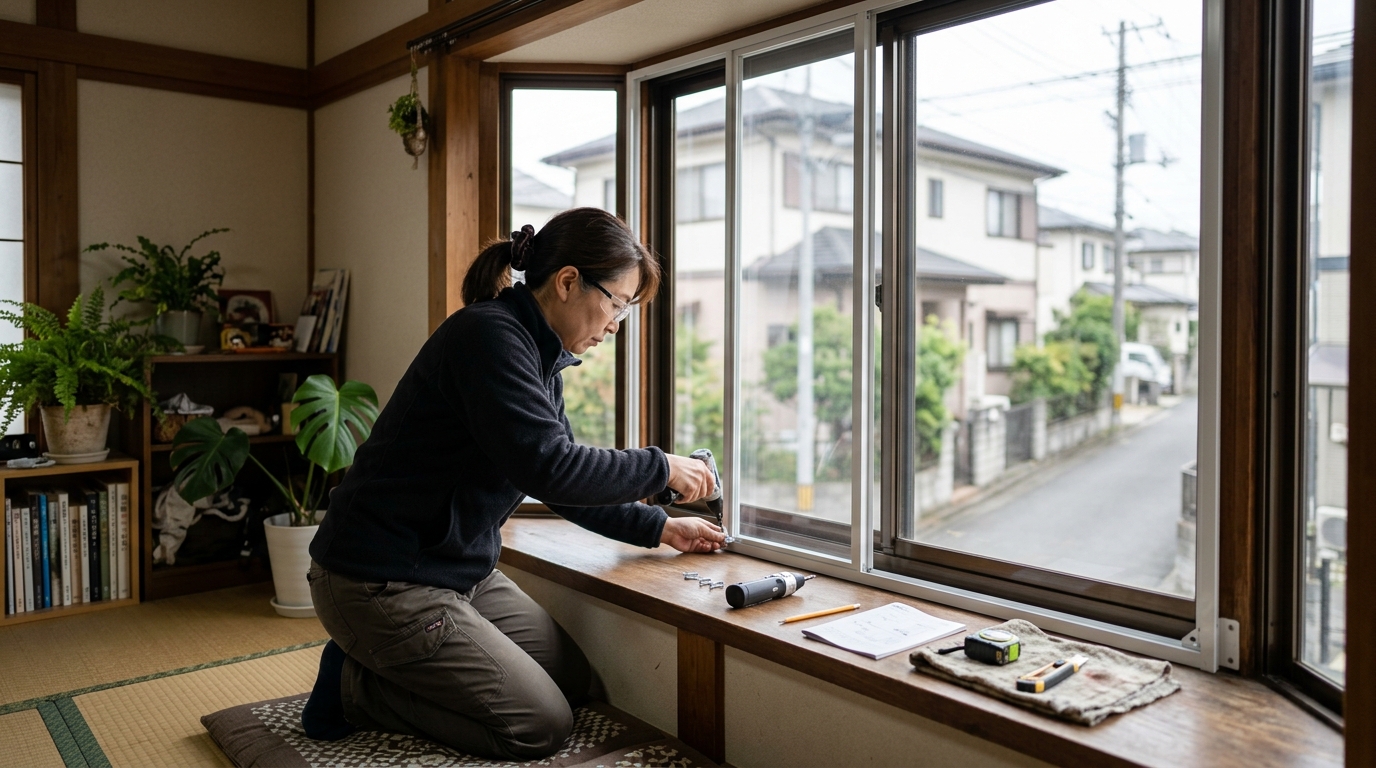 出窓の断熱対策として二重窓DIYに挑戦し、ガラスやサッシの仕組みを確認しながら作業する女性の姿