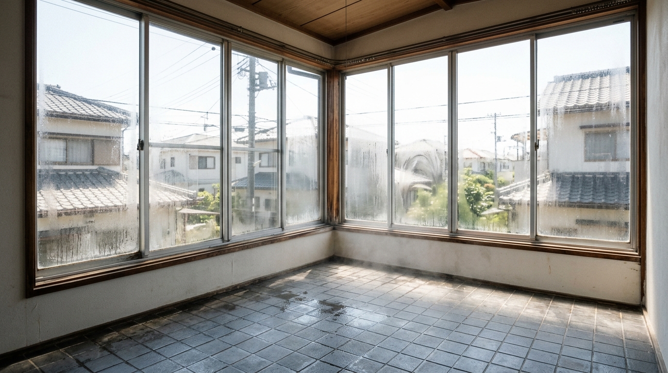 二階部分に設置されたサンルームと、採光や断熱性など注意点を考える住宅外観のイメージ