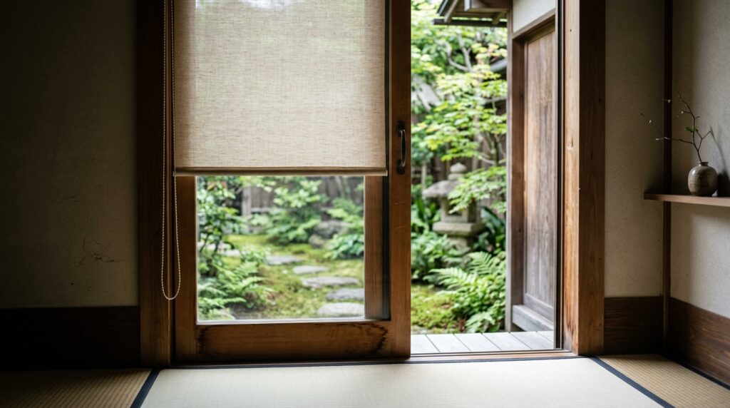 勝手口の窓とサッシに設置されたロールスクリーンが自然光をやわらかく取り込む住宅の室内風景