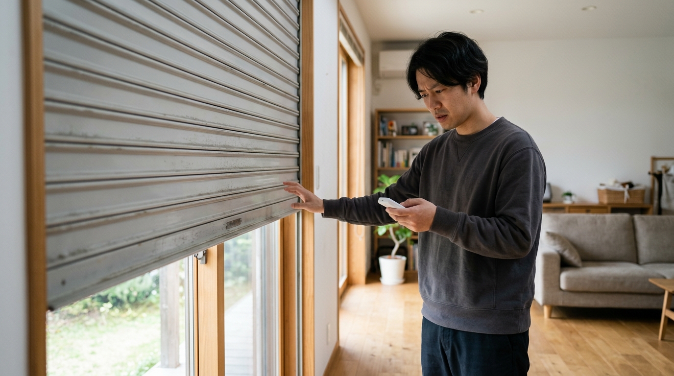電動シャッター修理を調べる日本人男性