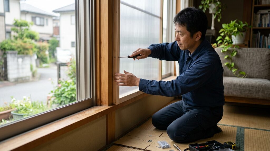 中空ポリカを使った内窓DIYで、男性がサッシに断熱パネルを取り付けている作業風景