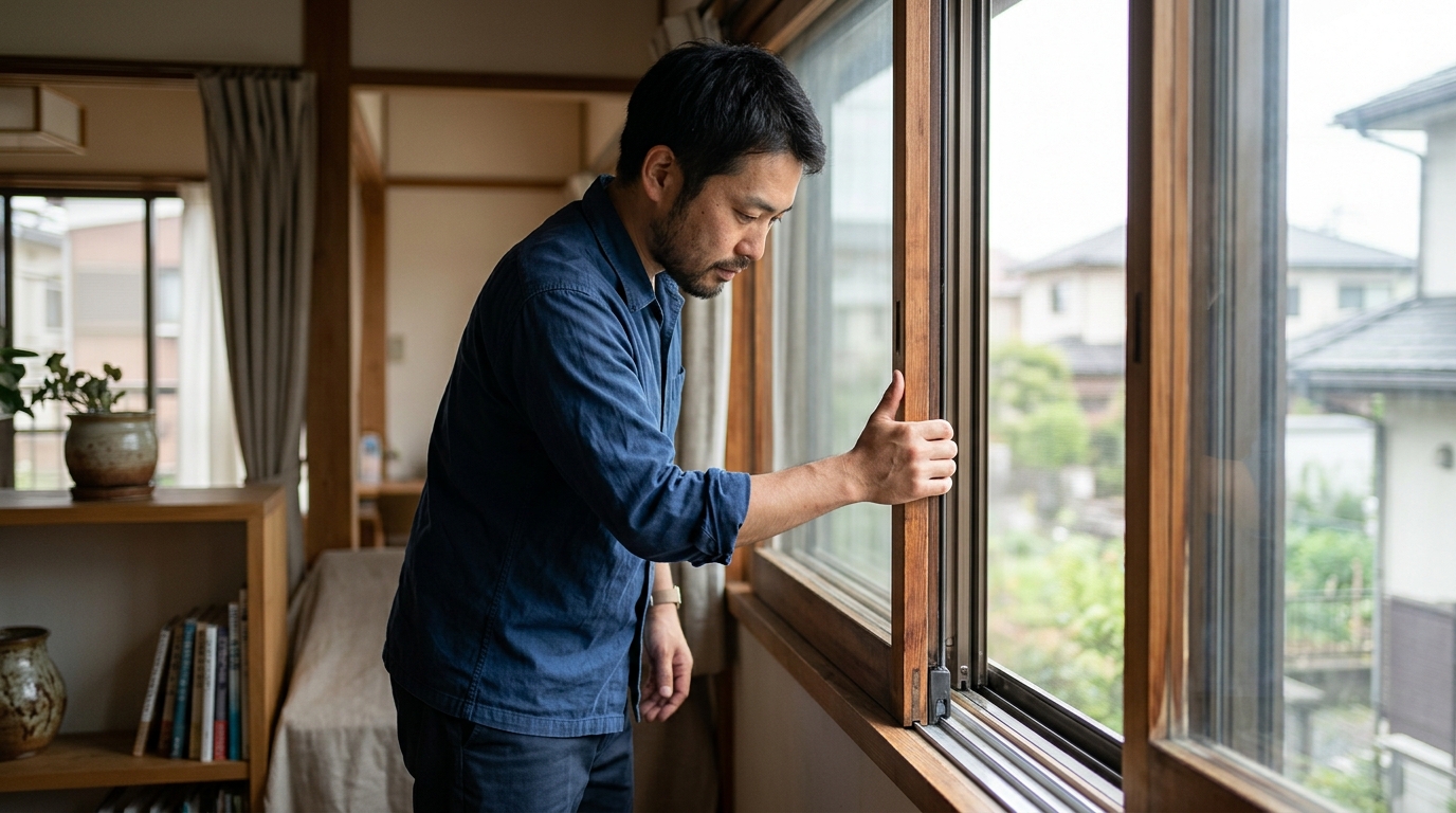 サッシの戸先の位置や役割を確認しながら、引き違い窓を開閉して点検する男性の作業風景