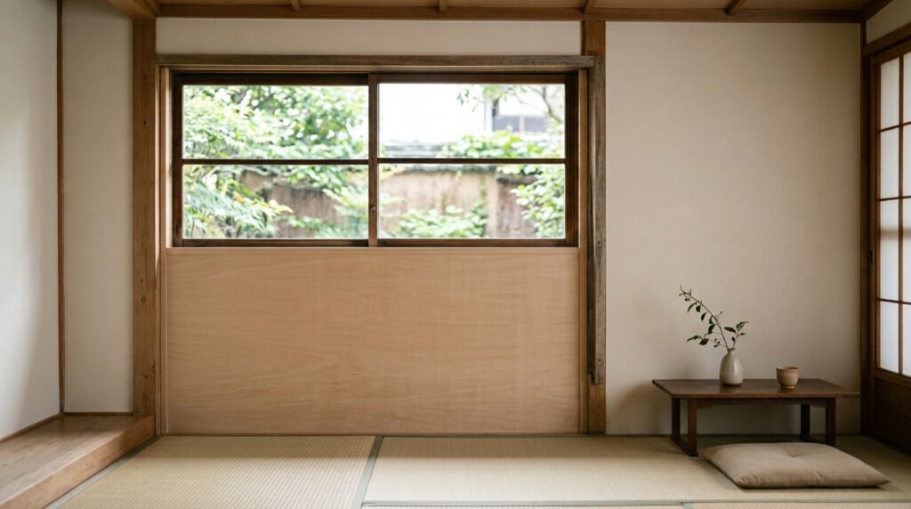 窓を半分塞ぐDIYを確認する室内