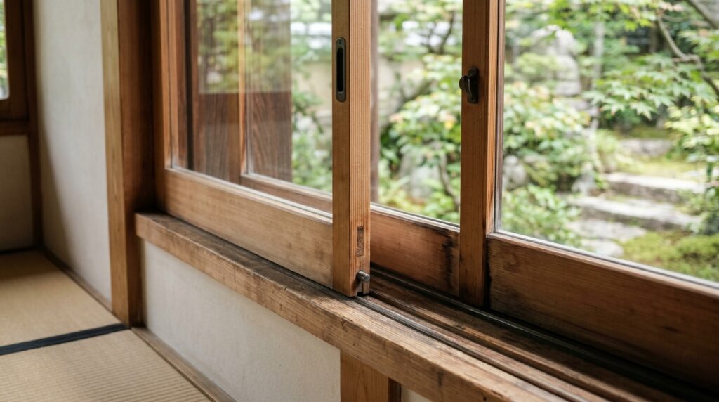 戸先と戸尻の位置関係を確認できる日本の引き違い窓サッシを開閉している様子