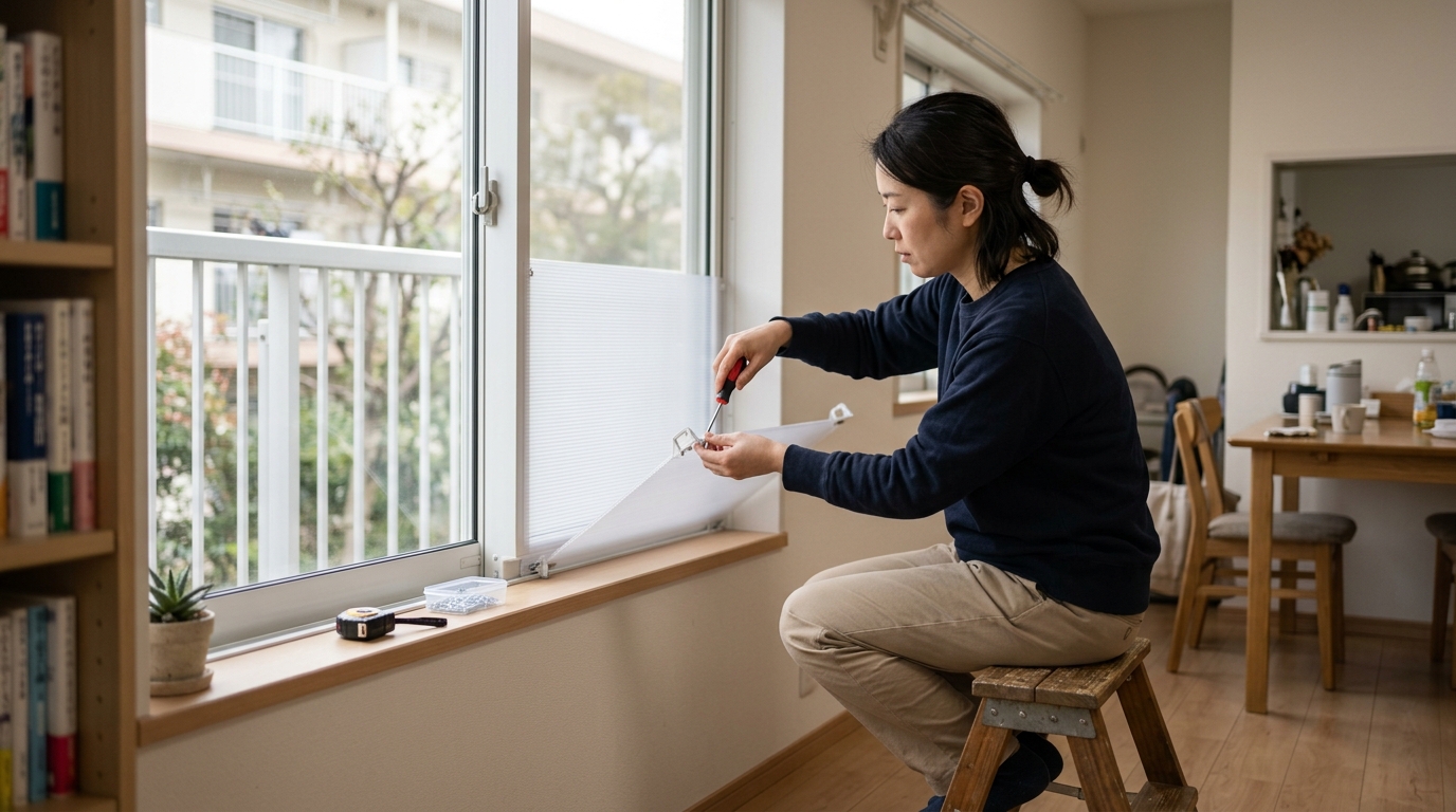 窓を半分塞ぐDIYを調べる日本人女性