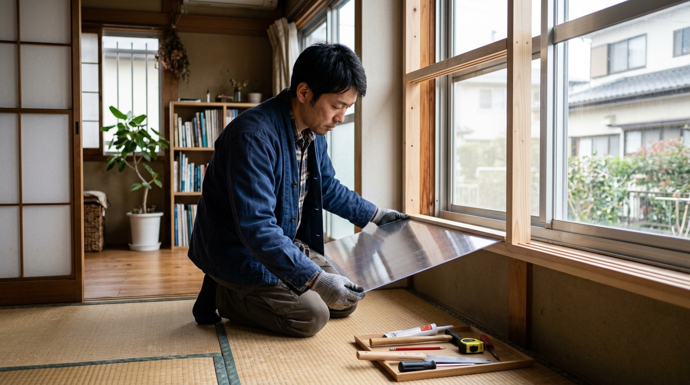 ポリカーボネート二重窓DIYの作り方を確認しながら和室で断熱施工を進める男性の作業イメージ