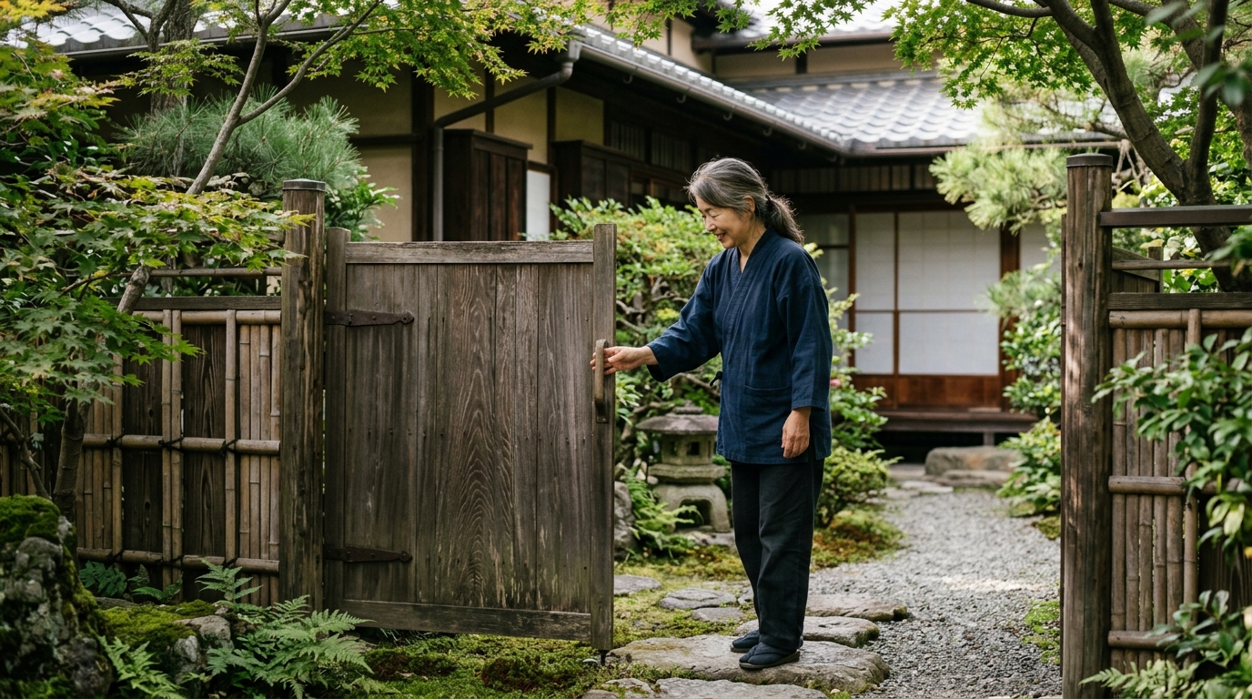 住まいに残る木戸の魅力を感じながら、庭へ続く木製の扉を開けて和の雰囲気を楽しむ女性の姿