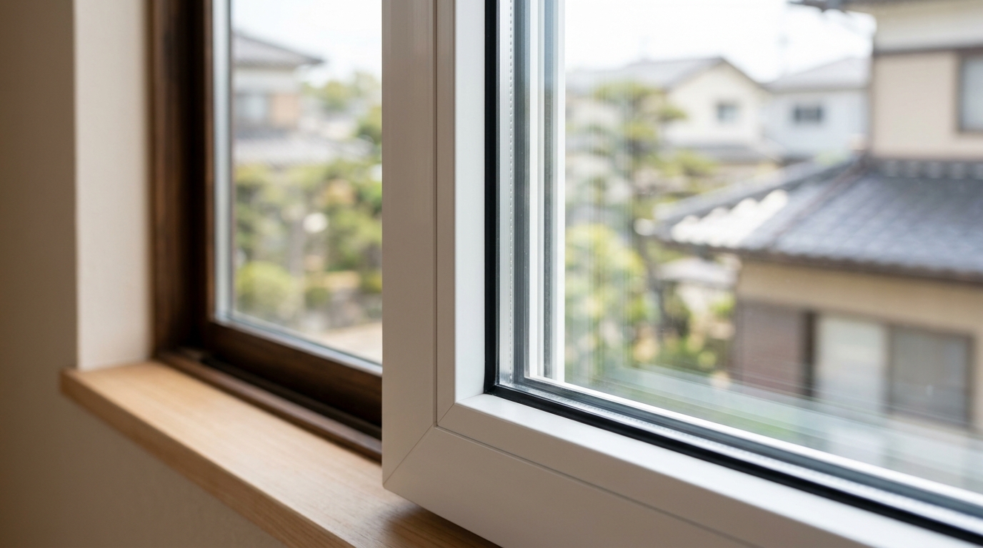 内窓プラスト施工後をイメージした高気密サッシと静かな室内空間が広がる落ち着いた風景