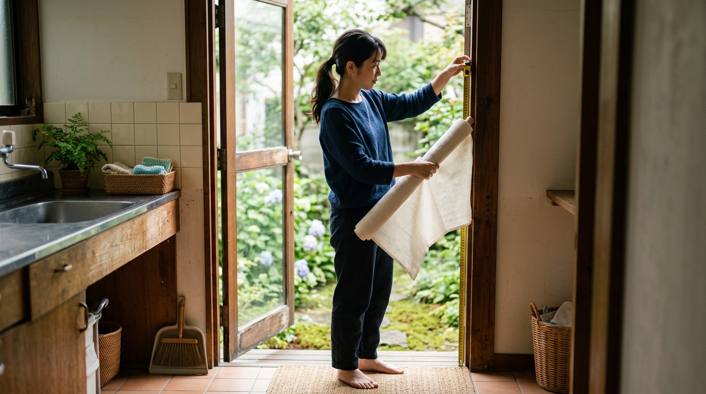 勝手口ロールスクリーンの遮光性やデザインを比較し、明るいキッチン横で取付イメージを考える女性の様子