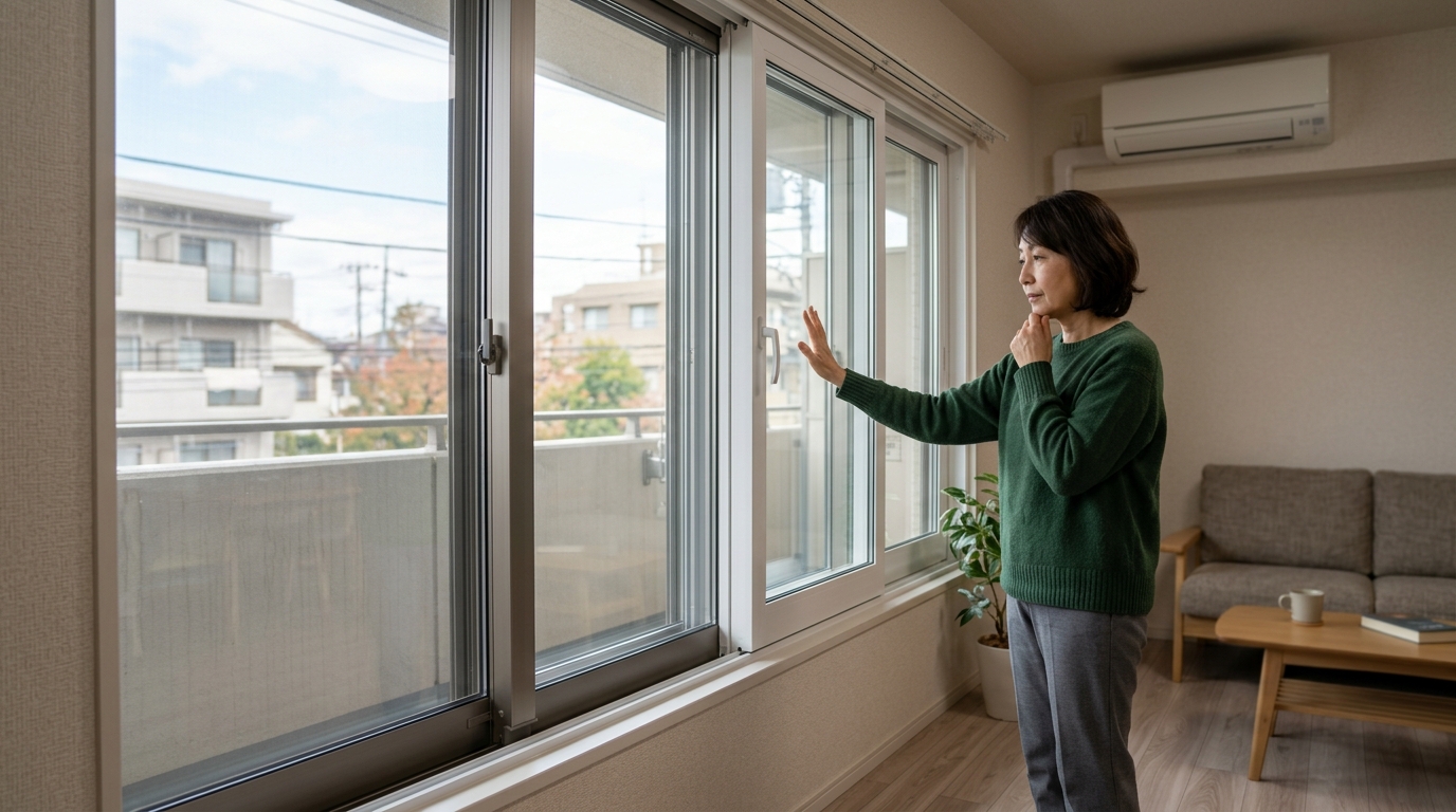 内窓プラスト価格や補助金制度を調べながら、快適な窓リフォーム計画を立てる女性の暮らし風景