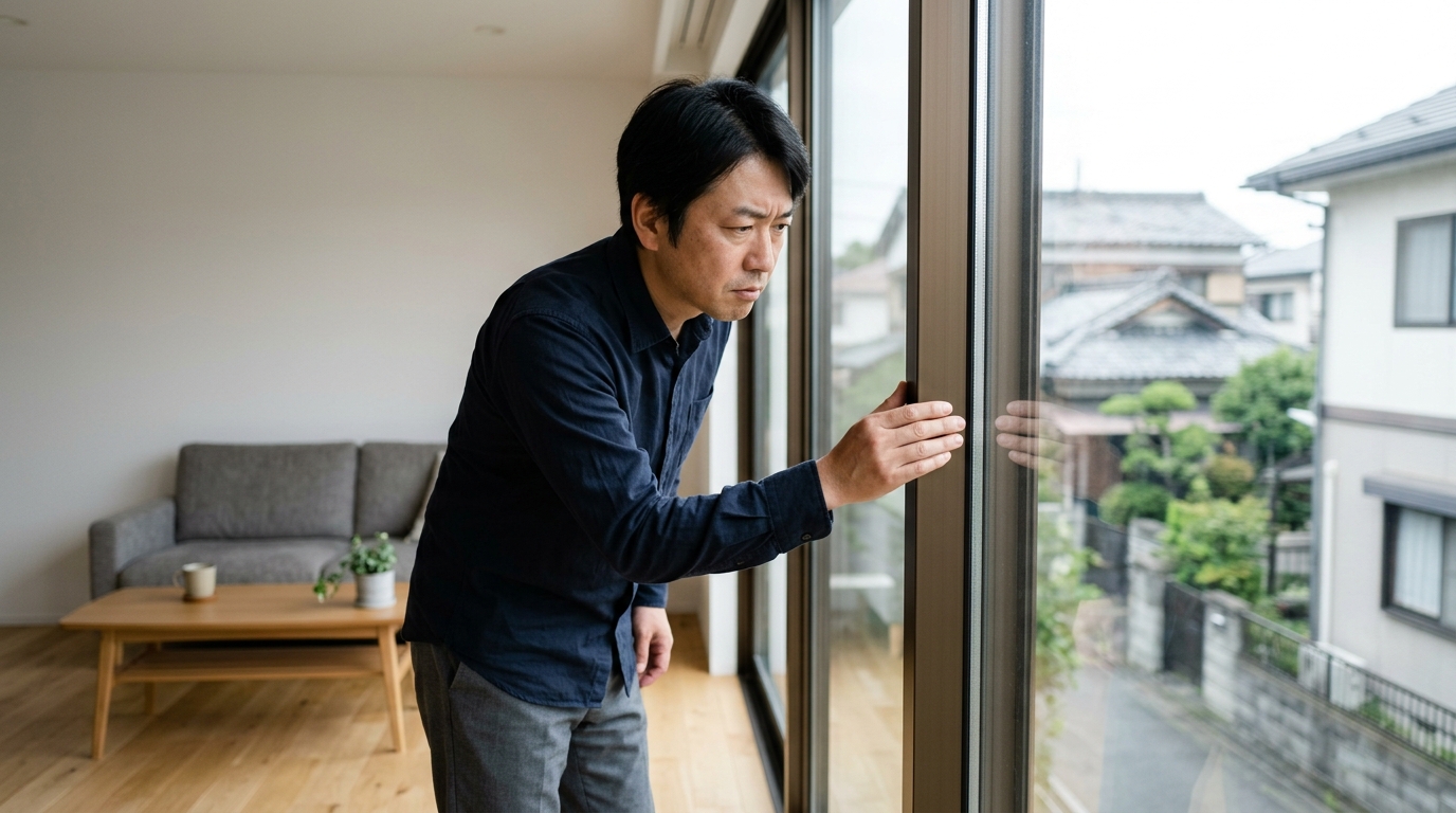 窓のブロンズ色サッシを選んで後悔しないよう、外観や室内の雰囲気を確認しながら比較する男性の様子