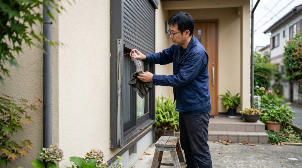 住宅の窓シャッターをDIYでメンテナンスしながら掃除や注油作業を行う電動シャッターの使用イメージ