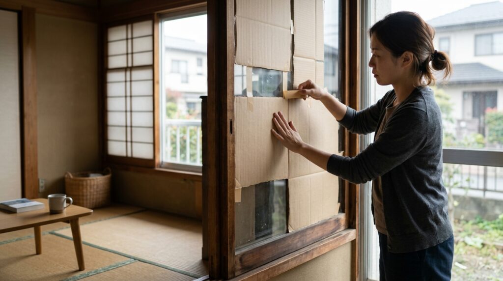 窓に段ボールを貼って断熱対策を行い、室内の冷気を防ぐDIY方法を試している冬の窓辺の様子