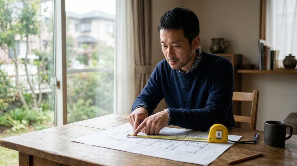 一条工務店の住宅図面を確認しながら網戸や窓サッシのサイズと配置をチェックしている住まいのイメージ
