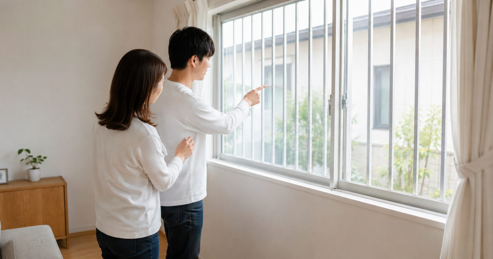 格子の種類と防犯効果について調べながら、住まいの安全性向上を検討する男性のイメージ画像