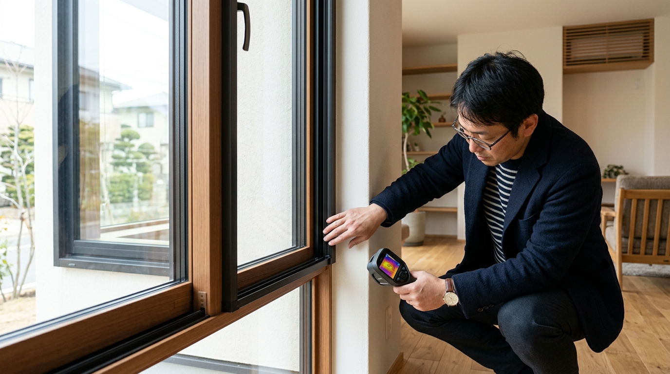 高断熱住宅の窓まわりや断熱性能を確認する男性のイメージ