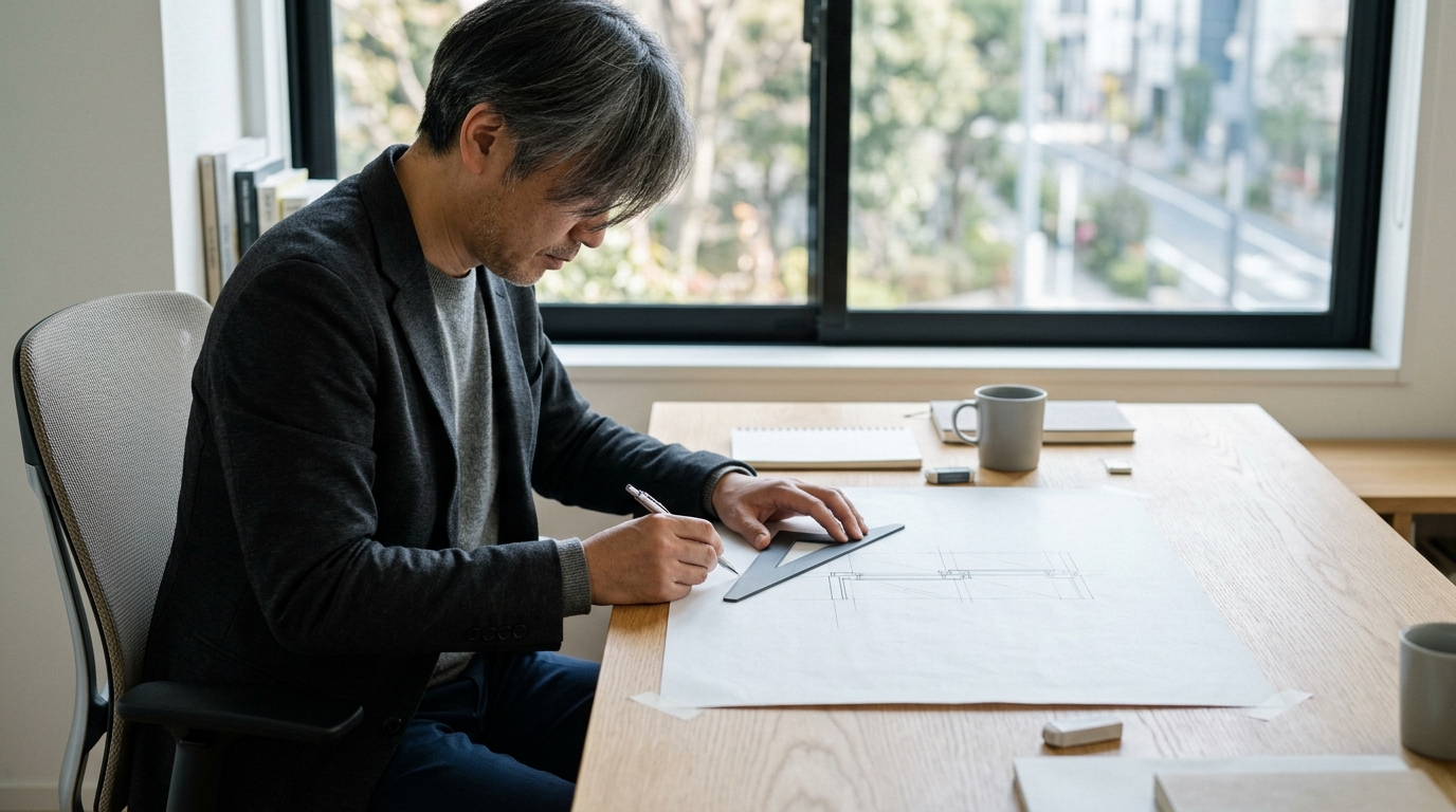 引き違い窓の図面の書き方を確認しながら、設計図と窓を見比べて作業を進める男性を表したイメージ画像