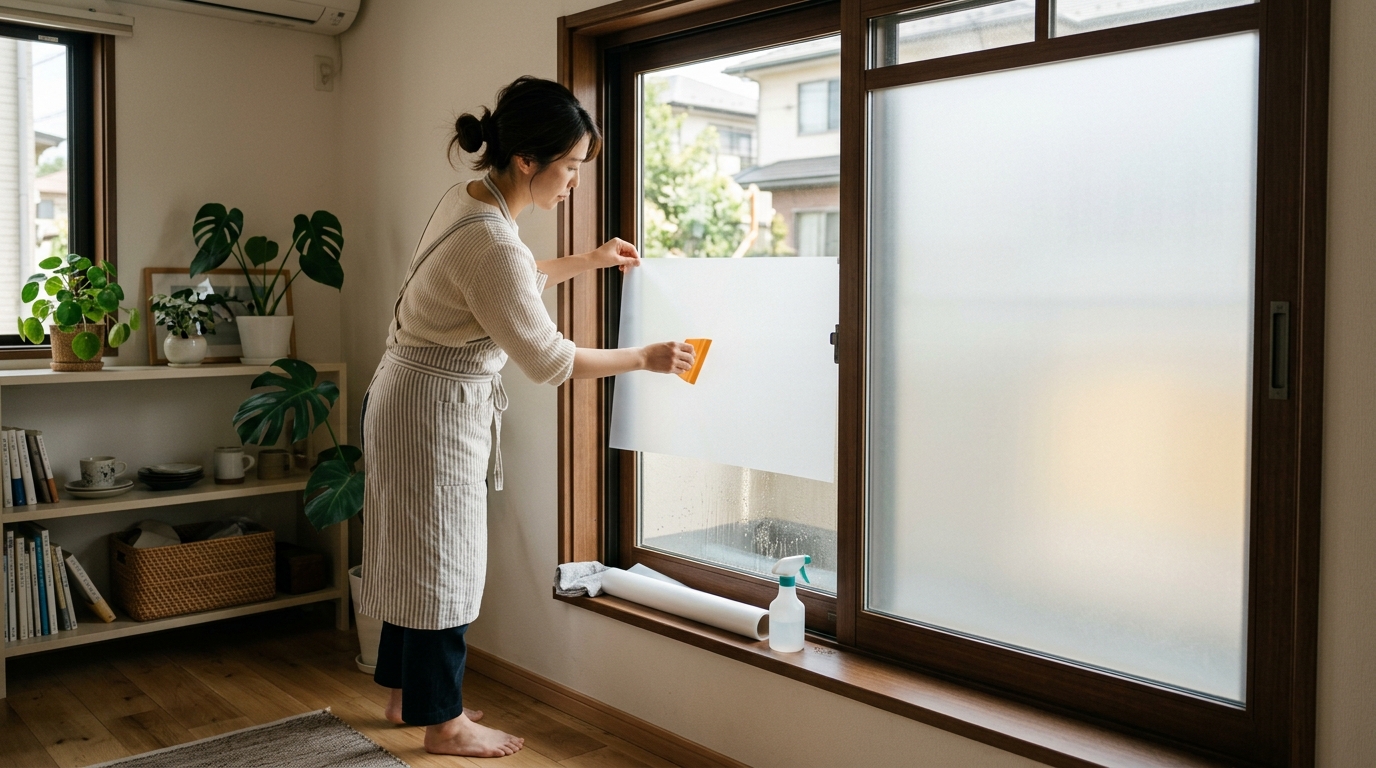 窓に目隠しシートを貼り付ける女性のイメージ