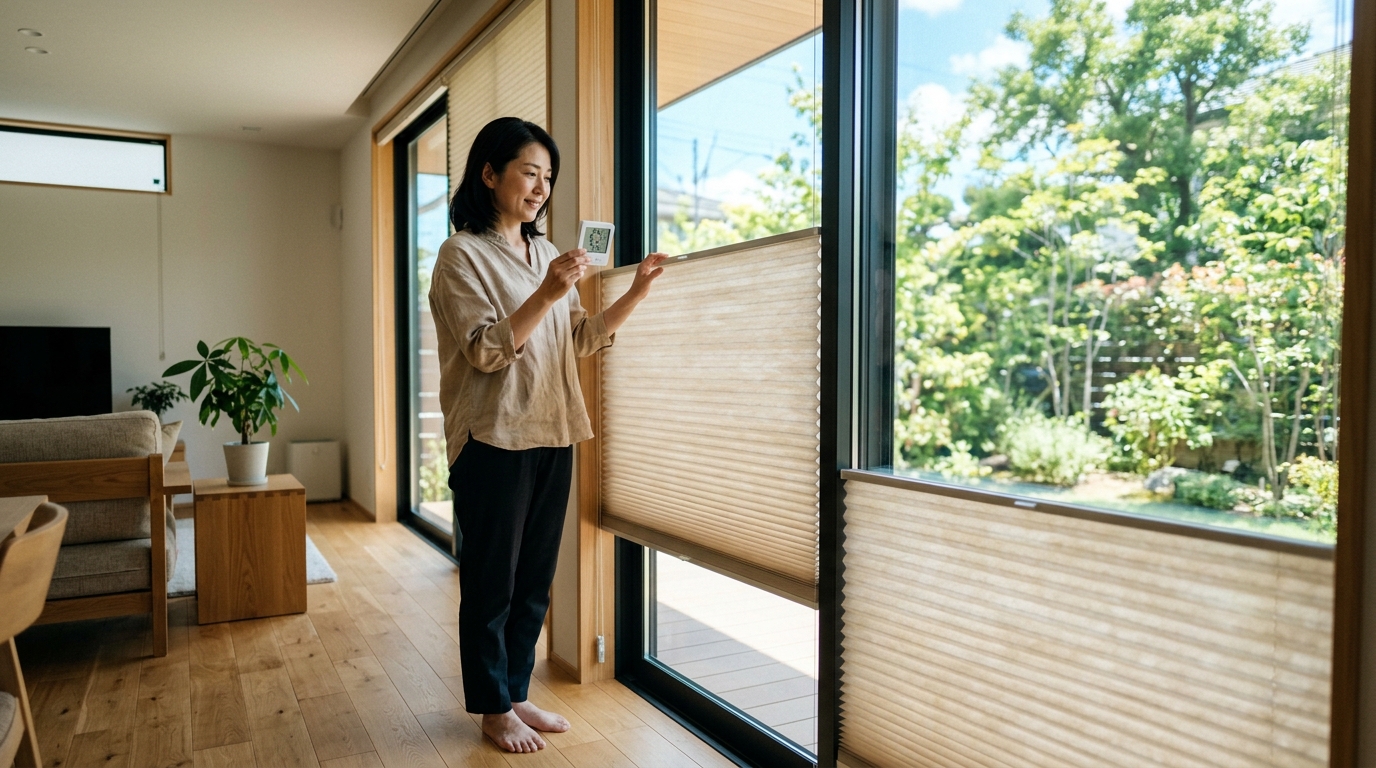 平屋住宅の窓辺で日差し対策を確認する女性のイメージ