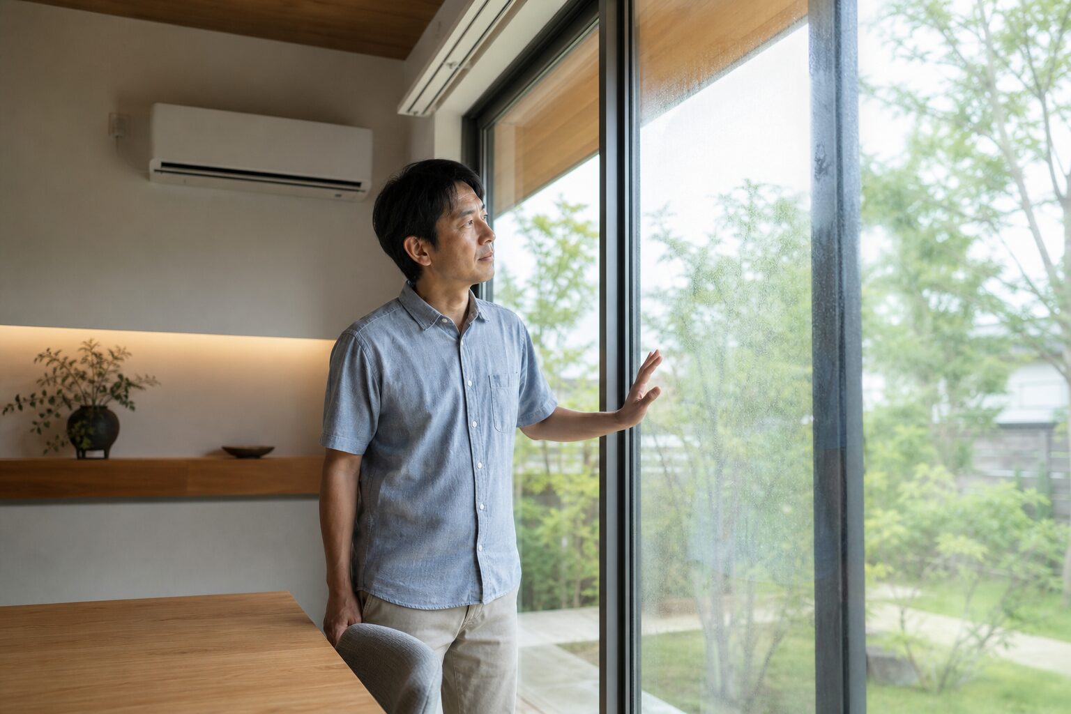 断熱性の高い住宅で窓まわりの室内環境を確認する男性のイメージ