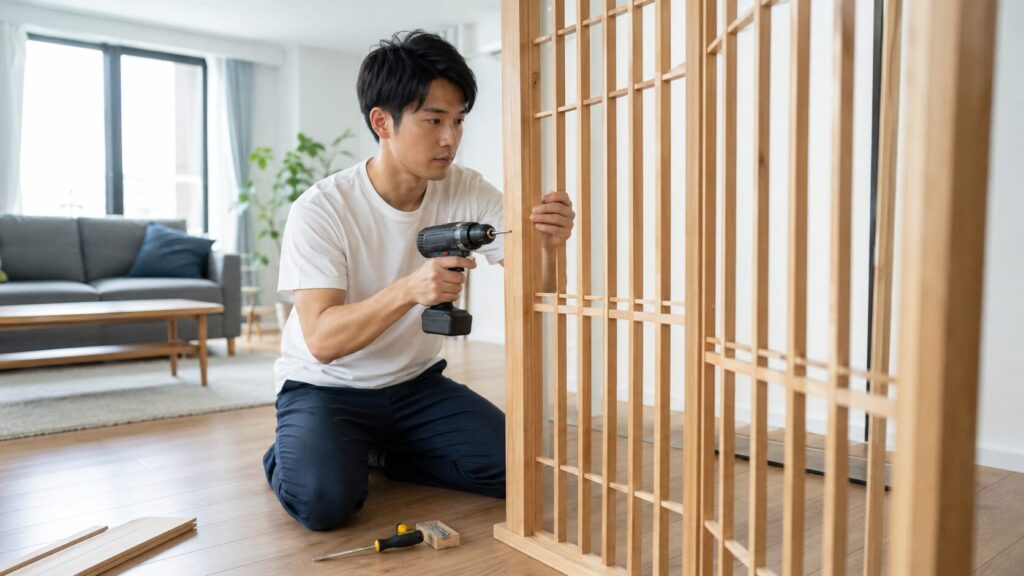 格子の間仕切りDIYをテーマに、室内空間を仕切るガラスやサッシを活用した施工イメージを表すイメージ画像