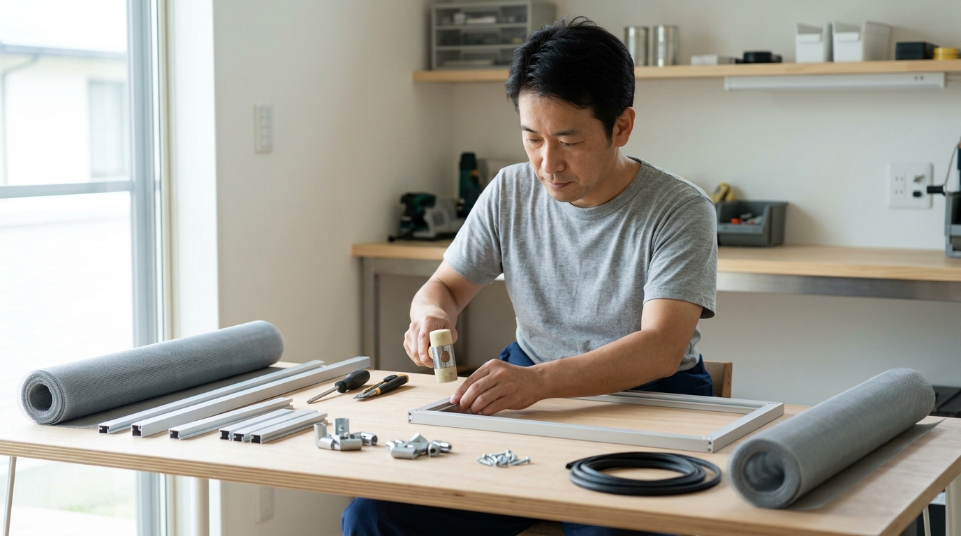 アルミ網戸は意外と自作できることを実践する男性が、工具を使って作業台で網戸づくりを進める様子を表すイメージ画像