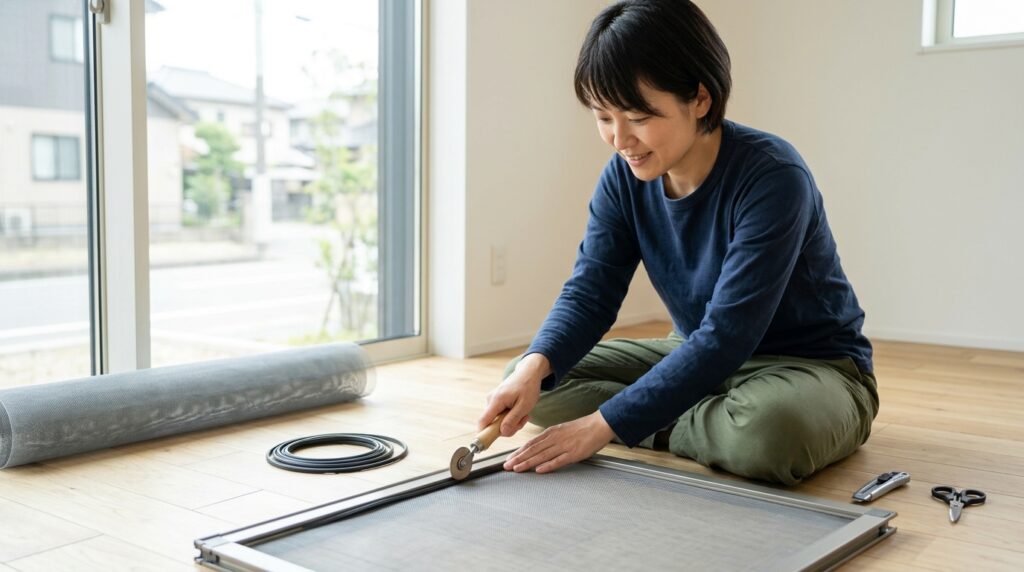 網戸の張り替え方やたるみを防ぐコツを紹介するため、網戸を交換している作業風景を表すイメージ画像