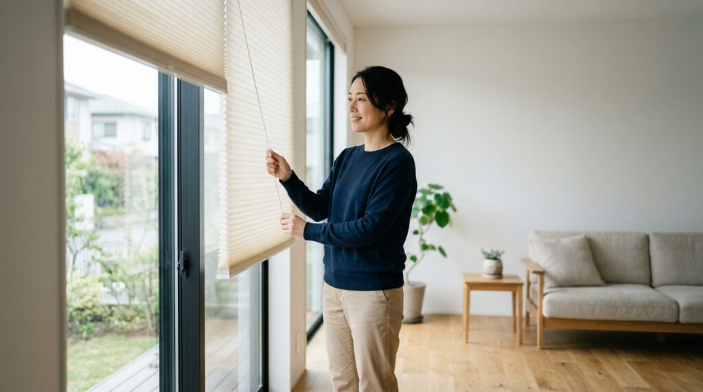 IKEAの断熱ブラインドの効果をテーマに、リビングでブラインドを調整する様子を表すイメージ画像