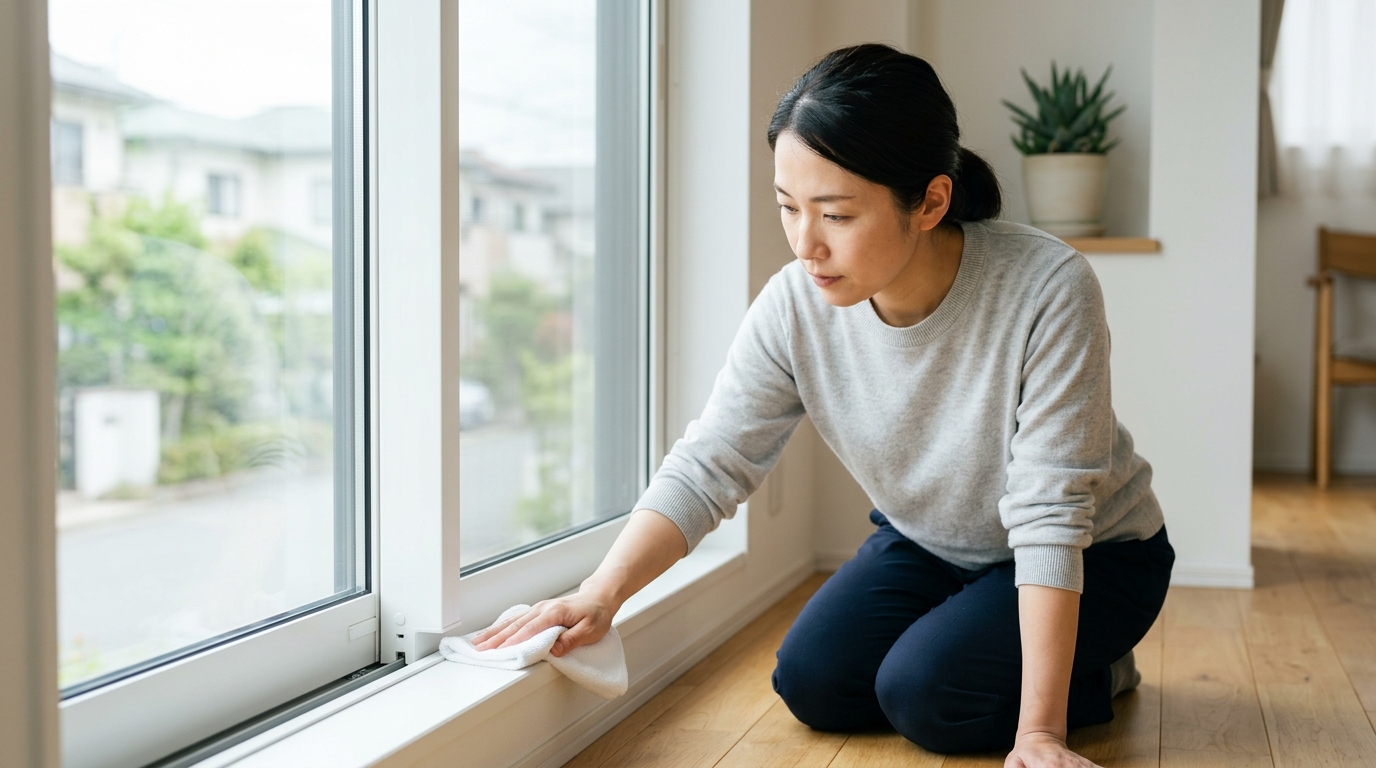 窓枠のカビ取りに取り組む女性が、素材を見極めながら丁寧にお手入れ方法を確認しているイメージ画像