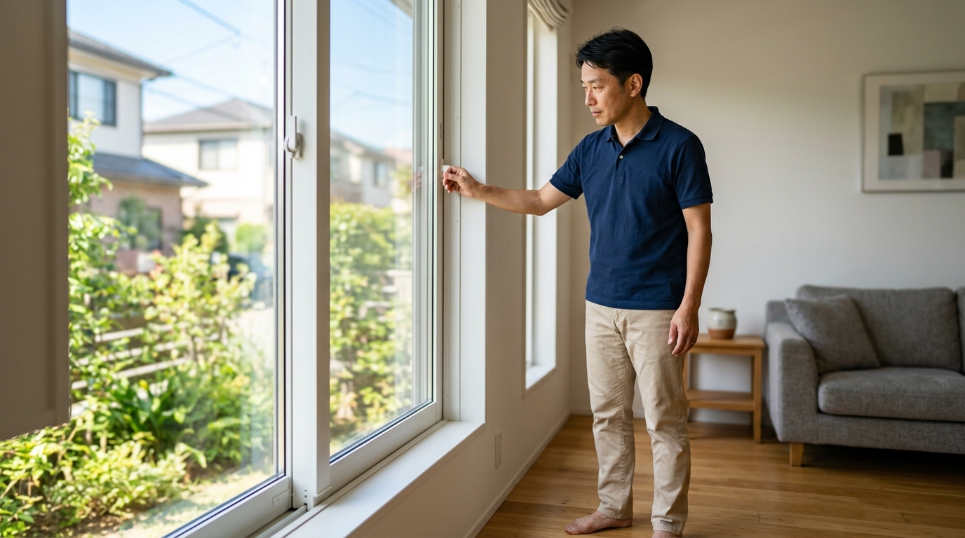 一条工務店グランスマートの窓は夏暑いのかを考えながら、樹脂サッシと複層ガラスの性能を確認する男性を表したイメージ画像