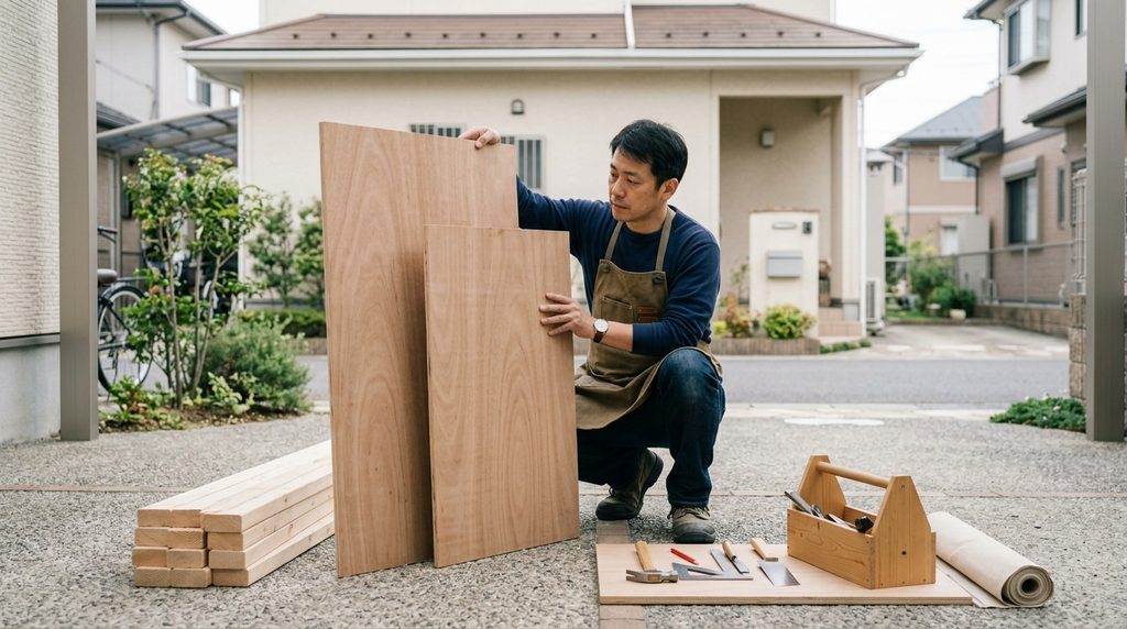 物置をコンパネで自作するならをテーマに、コンパネのサイズや仕様を比較しながら選んでいる様子を表すイメージ画像