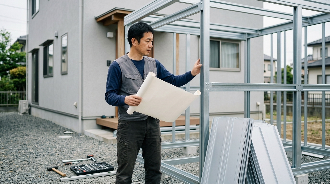 ガルバリウム物置DIYの始め方を確認しながら、設置場所や材料を検討してDIYの準備を進める男性を表すイメージ画像