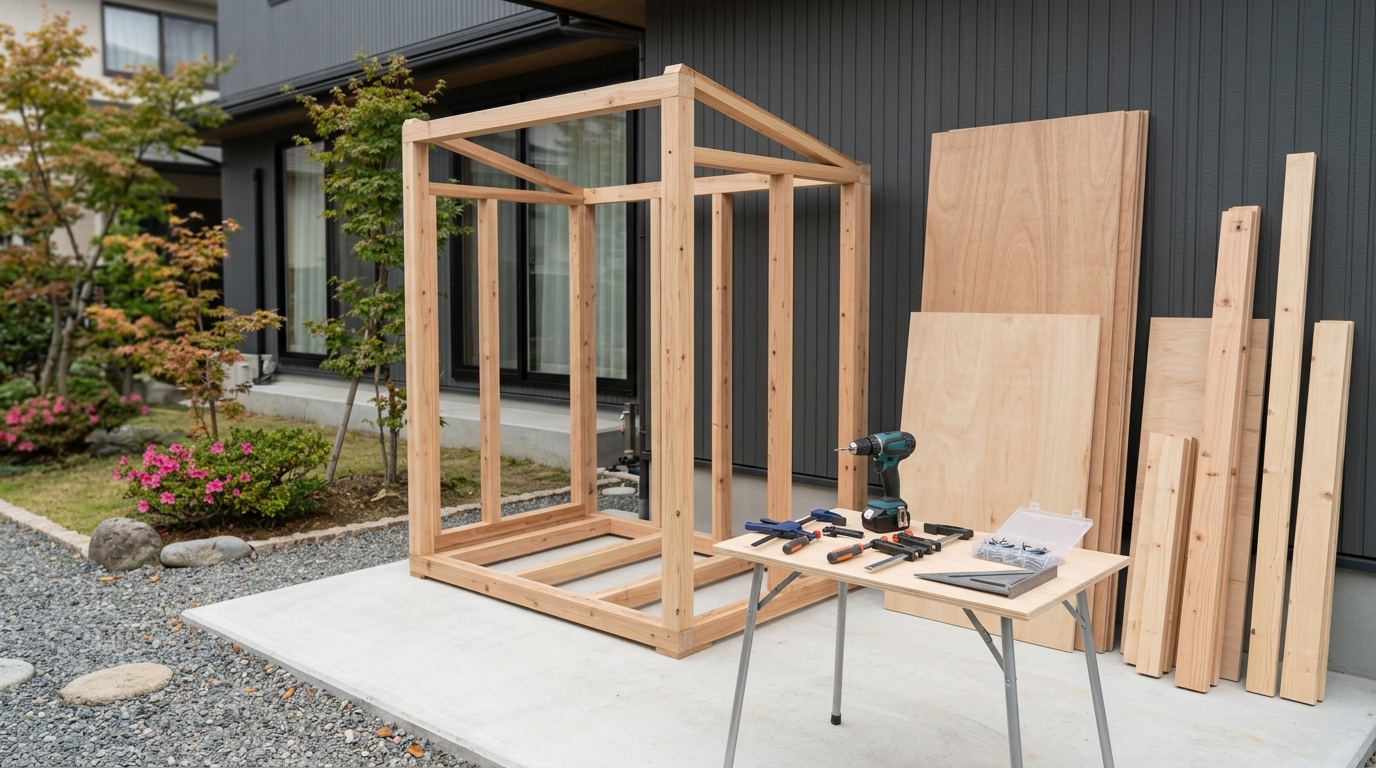 物置をコンパネで自作するならをイメージした、複数のコンパネが並びサイズや厚みを比較できる様子を表すイメージ画像