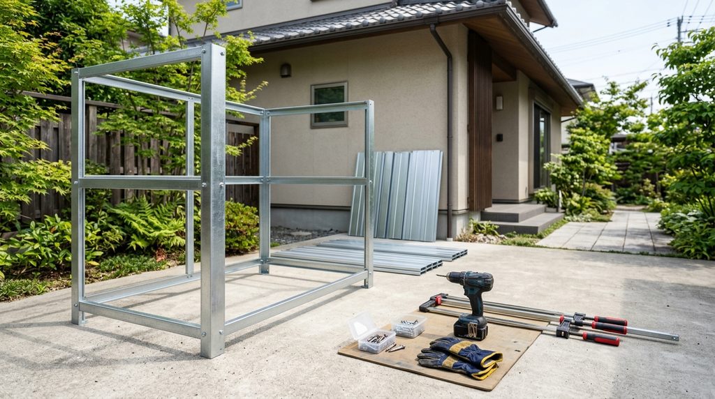 ガルバリウム物置DIYの始め方をテーマに、物置の設置やDIY計画について検討している様子を表すイメージ画像